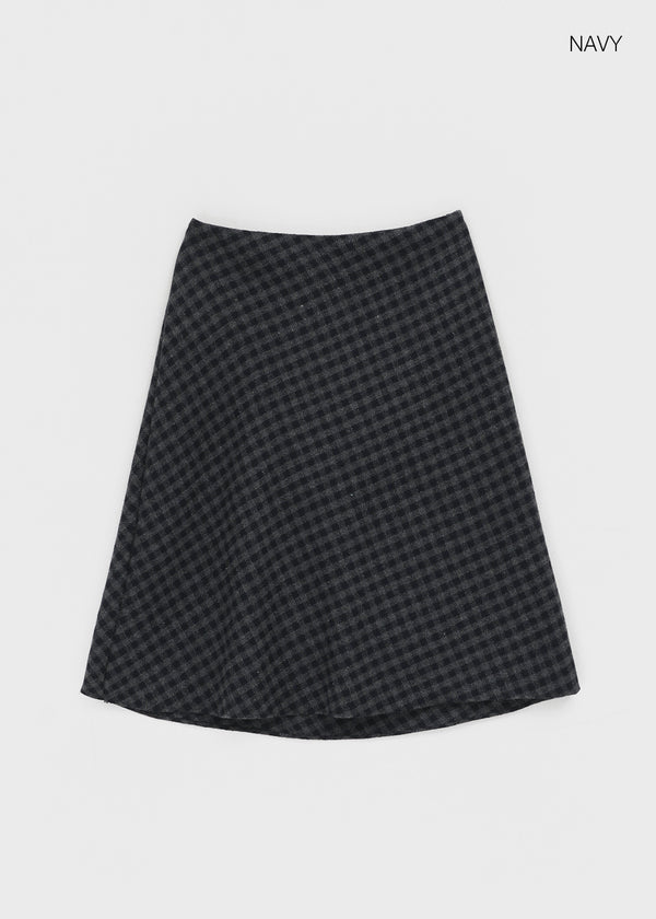 Noju Check Flare Wool Fleece Midi Skirt