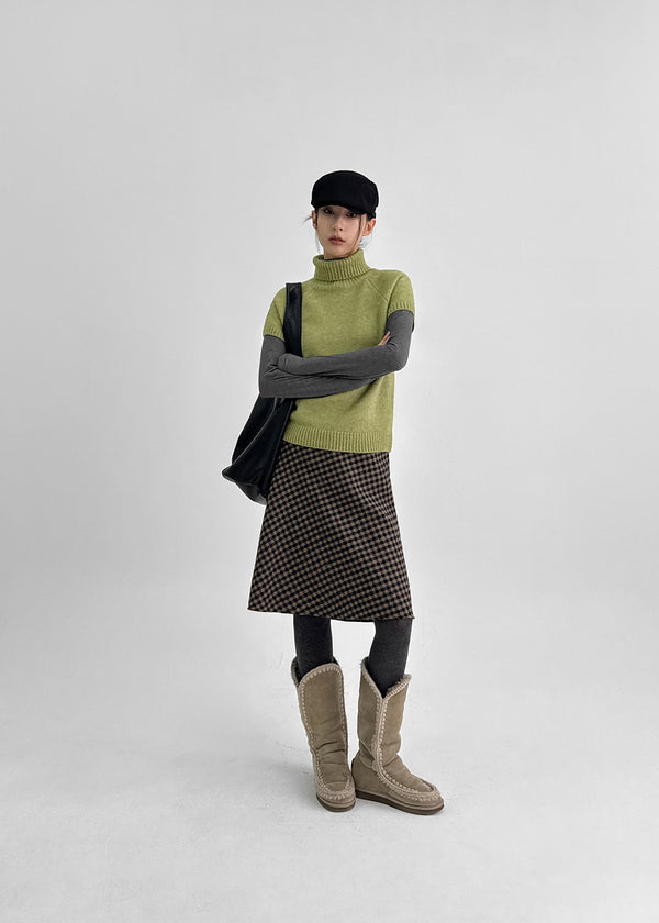 Noju Check Flare Wool Fleece Midi Skirt