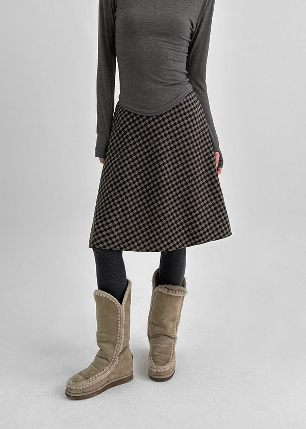 Noju Check Flare Wool Fleece Midi Skirt