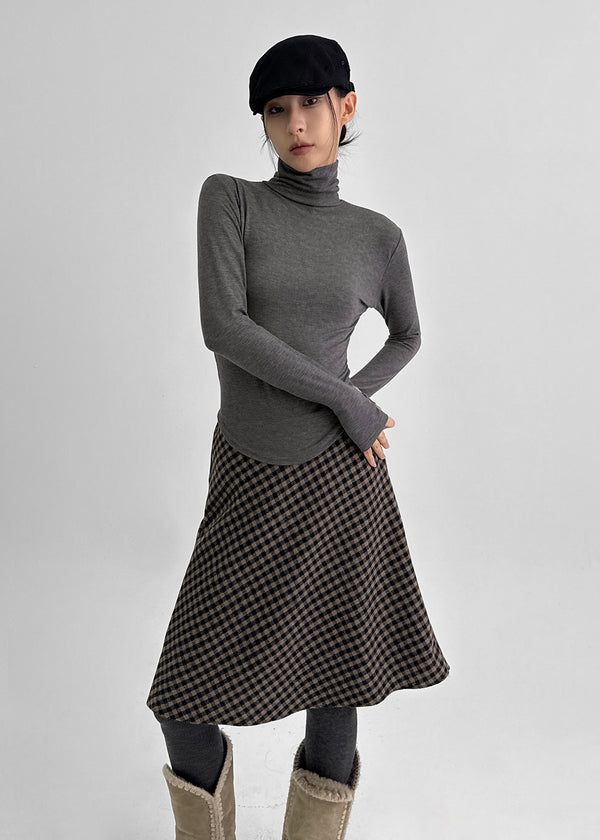 Noju Check Flare Wool Fleece Midi Skirt