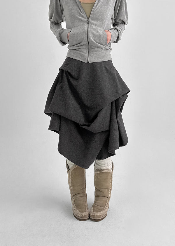 Nuken Unbalanced Shirring Wool Midi Skirt (35% Wool)