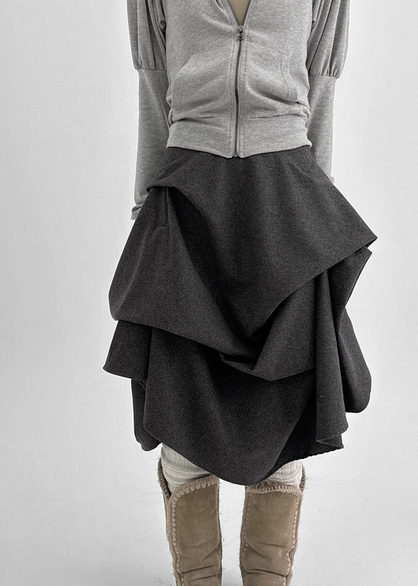 Nuken Unbalanced Shirring Wool Midi Skirt (35% Wool)