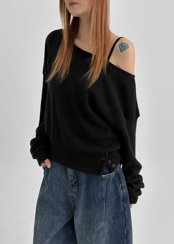 Estin Angora Button Off-shoulder Knit Man-to-man