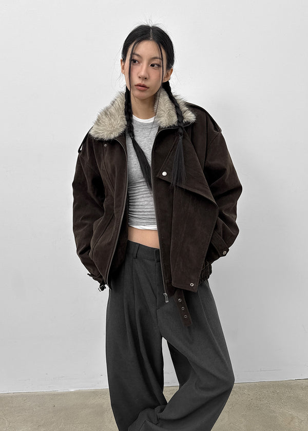 Delking Fur High Neck Suede Jacket