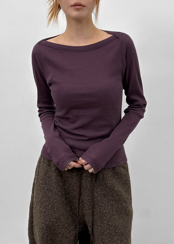 Shrint Boat Neck Ribbed Long Sleeve T-shirt