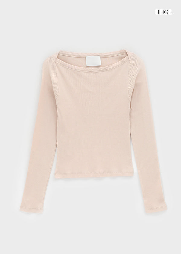 Shrint Boat Neck Ribbed Long Sleeve T-shirt