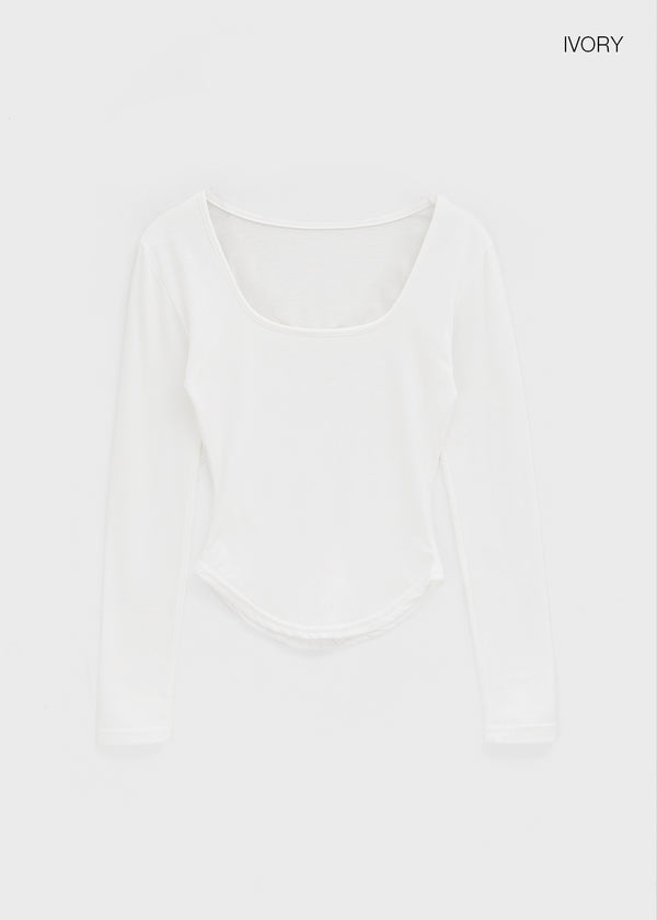 Pelong Square Neck Rounded Fleece Long-sleeved T-shirt