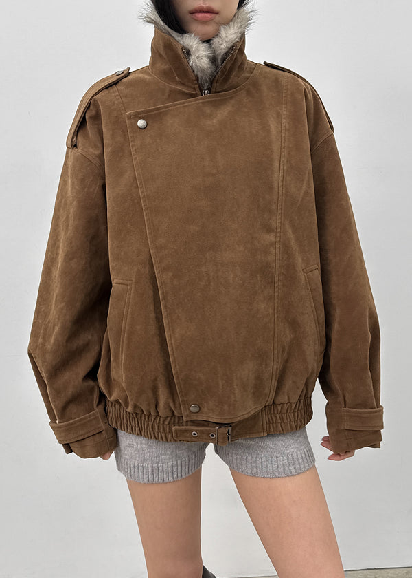 Delking Fur High Neck Suede Jacket