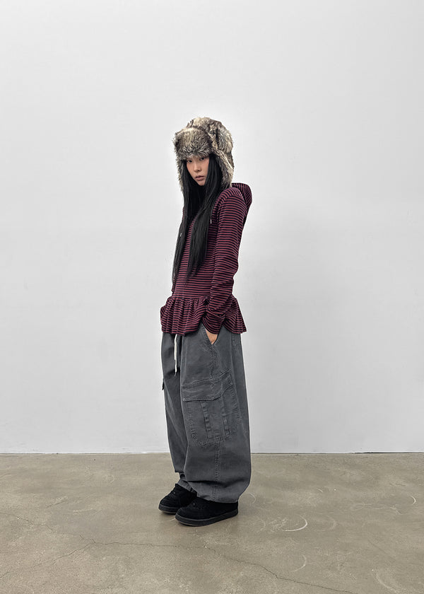 Tolsha Stripe Frill Hooded Long Sleeve T-shirt