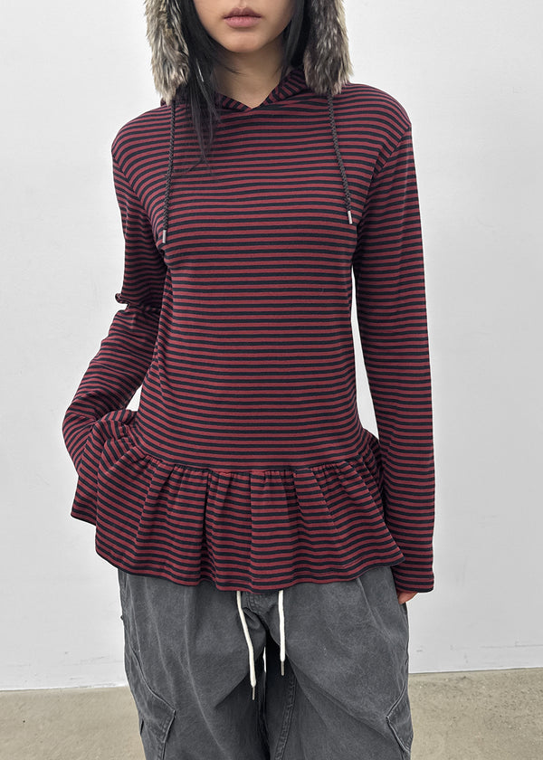 Tolsha Stripe Frill Hooded Long Sleeve T-shirt
