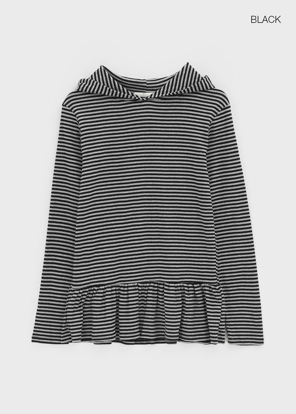 Tolsha Stripe Frill Hooded Long Sleeve T-shirt