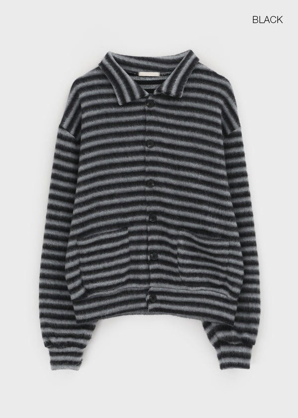 (UNISEX) Ryuko Striped Fleece Collar Cardigan