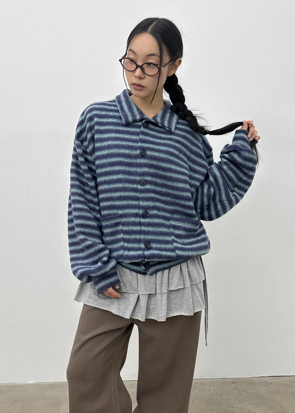 (UNISEX) Ryuko Striped Fleece Collar Cardigan