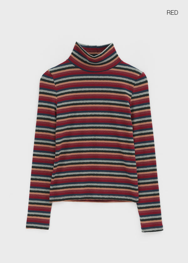 Redon Color Stripe Turtleneck Long Sleeve T-shirt