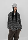(UNISEX) Kenom Stripe Henley Neck Hooded Long Sleeve T-shirt