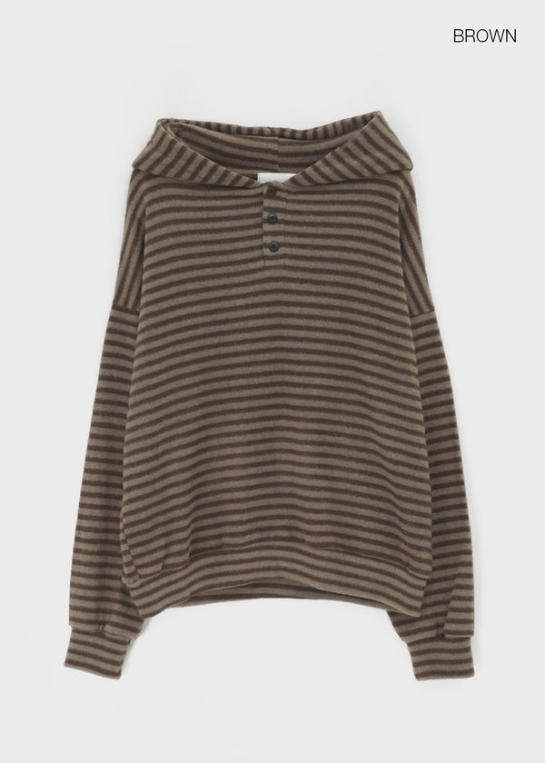 (UNISEX) Kenom Stripe Henley Neck Hooded Long Sleeve T-shirt