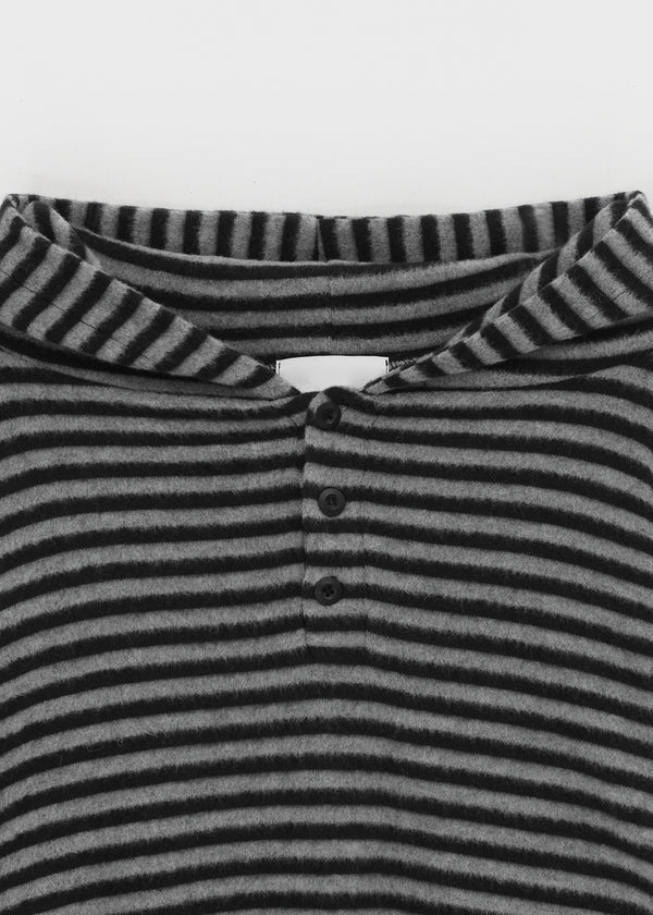 (UNISEX) Kenom Stripe Henley Neck Hooded Long Sleeve T-shirt
