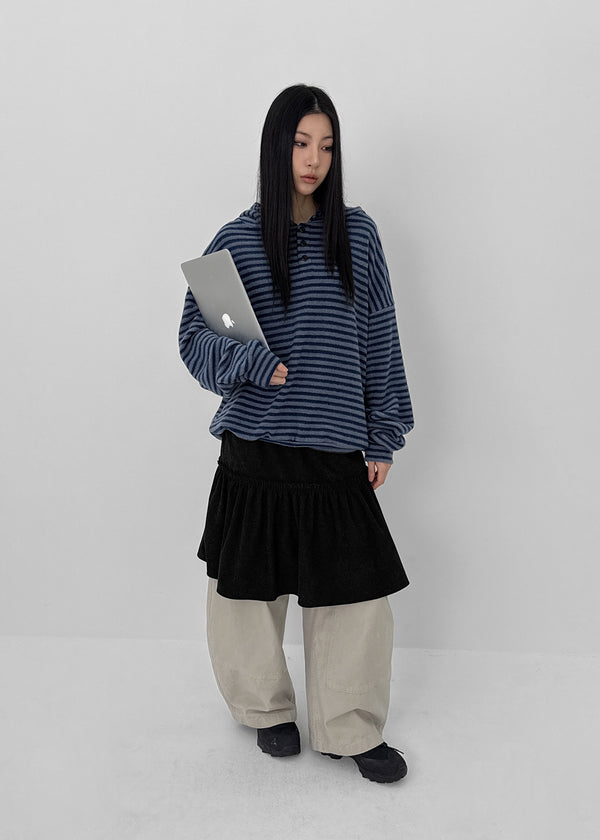 (UNISEX) Kenom Stripe Henley Neck Hooded Long Sleeve T-shirt