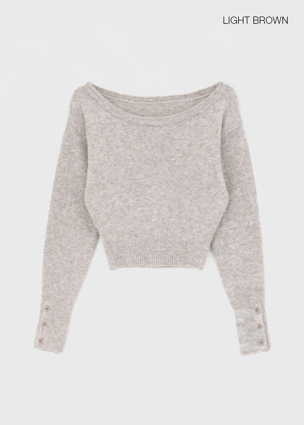 Crovan Wool Sleeve Button Off-shoulder Knit