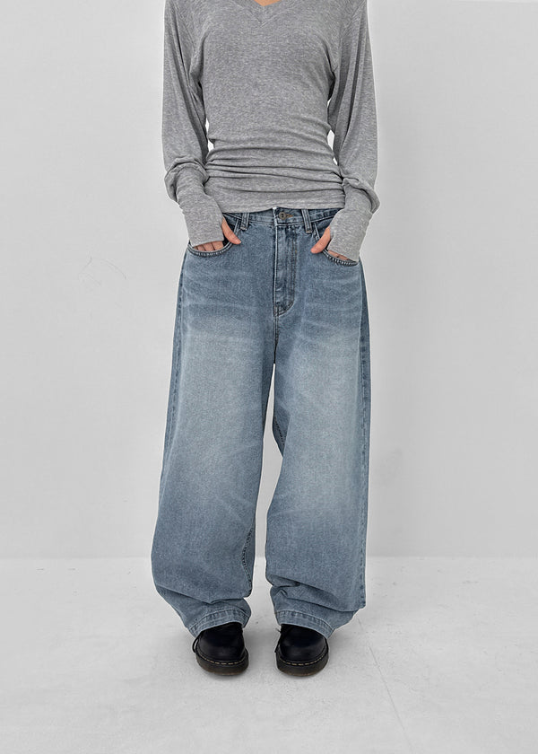 (UNISEX) Comeh Washed Wide Denim Pants