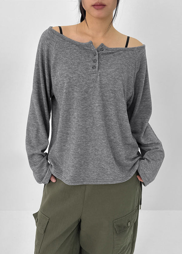 Tesion Button Off-shoulder Long Sleeve T-shirt