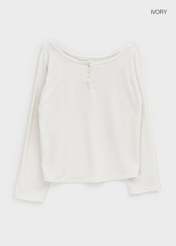 Tesion Button Off-shoulder Long Sleeve T-shirt