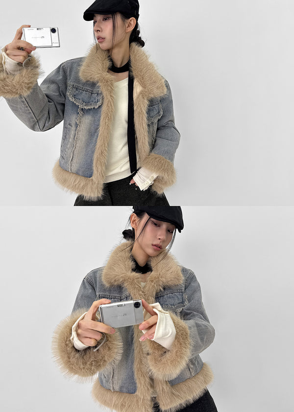 Shate Fur Collar Quilted Denim Jacket (2 Oz)