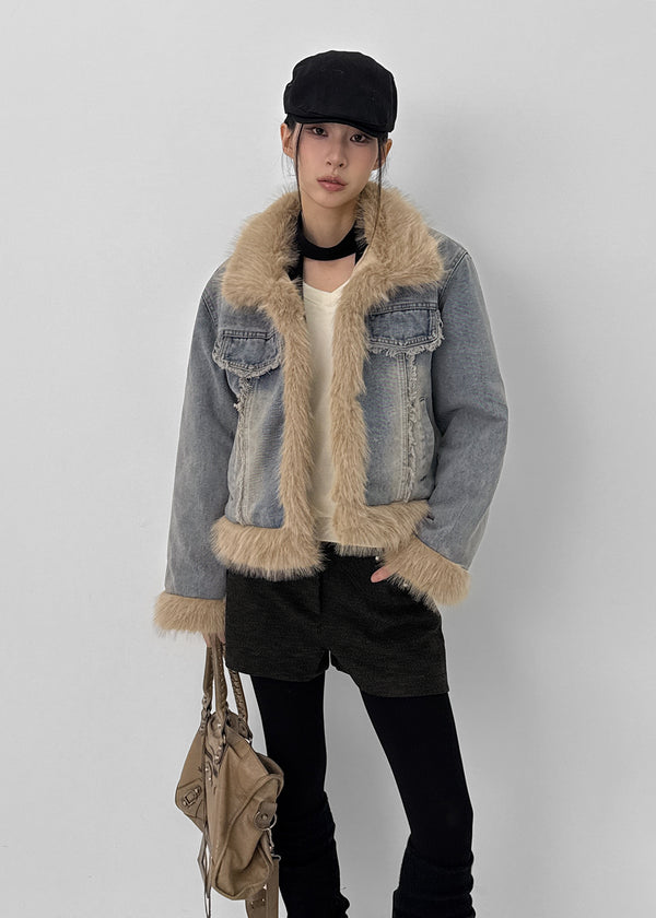 Shate Fur Collar Quilted Denim Jacket (2 Oz)