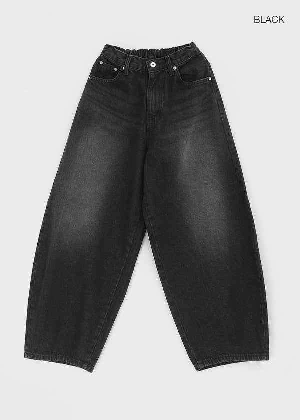 Twen Curved Washed Balloon Back Banding Denim Pants