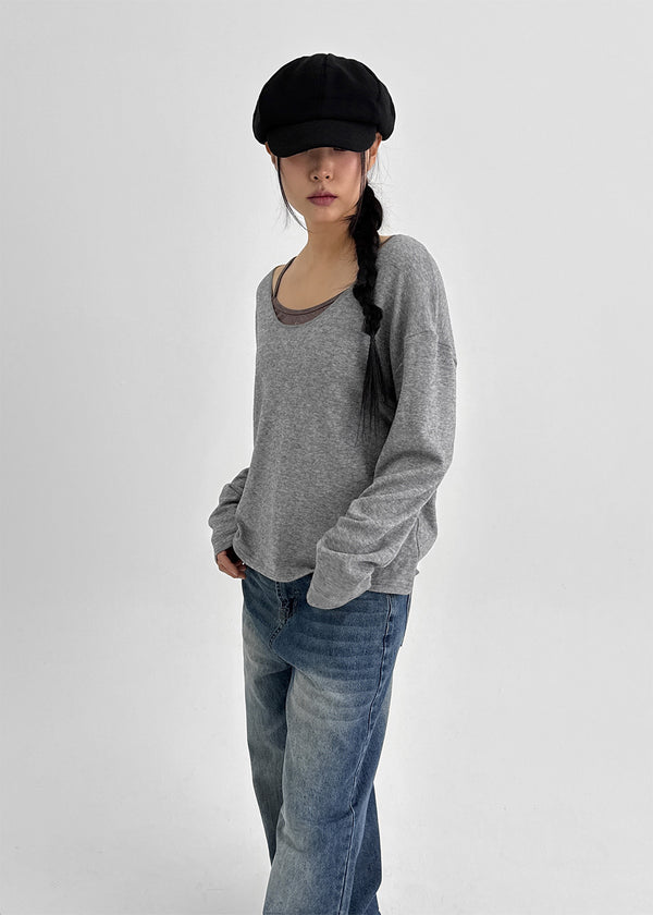 T-ville Wide U-neck Wool Knit Long Sleeve T-shirt