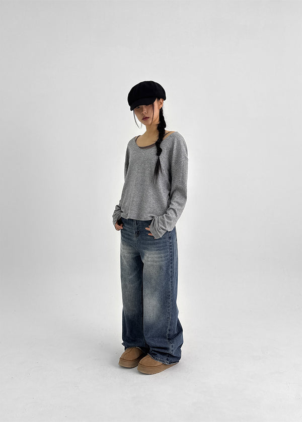 T-ville Wide U-neck Wool Knit Long Sleeve T-shirt