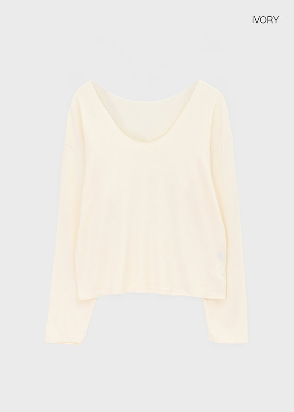 T-ville Wide U-neck Wool Knit Long Sleeve T-shirt