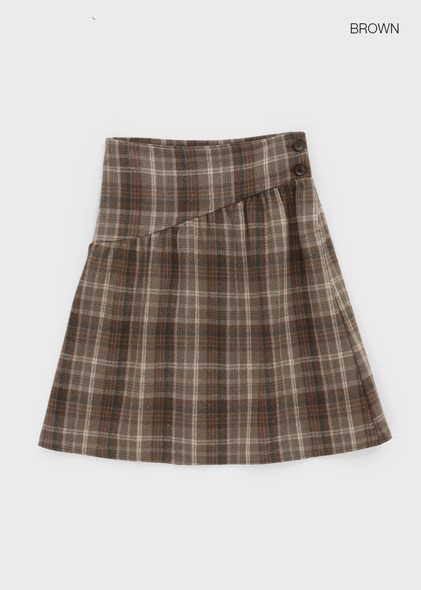 Le Gem Check Pleated Midi Skirt (50% Wool)