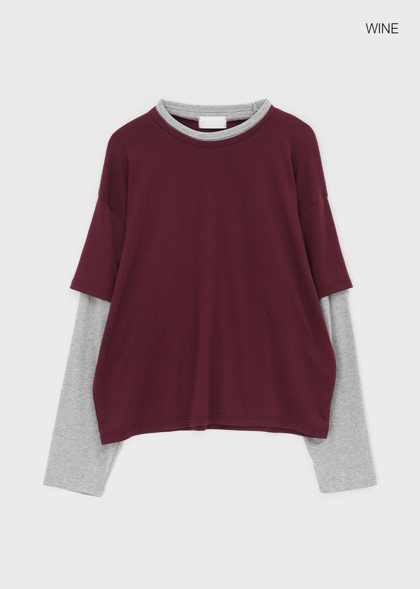 Totori Loose Fit Short Sleeve Layered Long Sleeve T-shirt