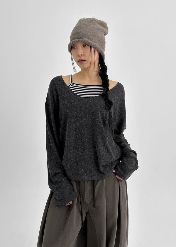 T-ville Wide U-neck Wool Knit Long Sleeve T-shirt