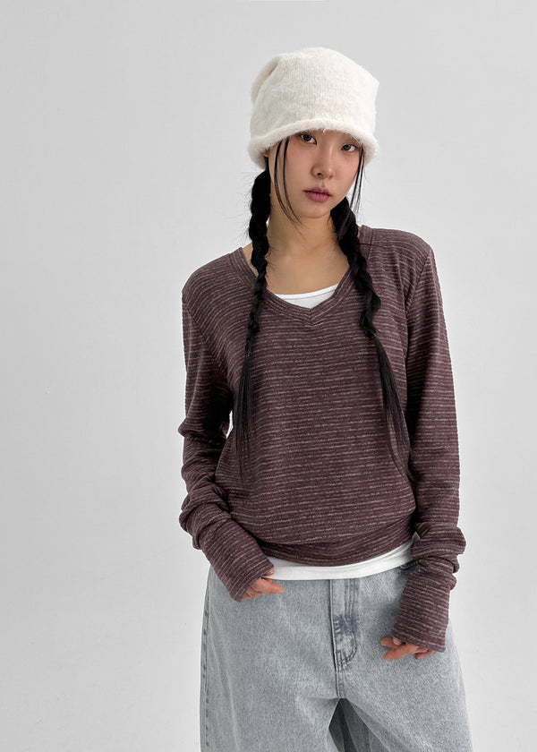 Symbol V-neck Striped Button Long-sleeved T-shirt