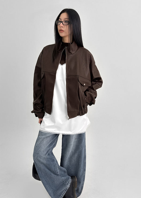 (UNISEX) Trollti Two-way High Neck Cracked Leather Jumper