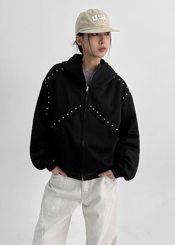 Storms Stud High Neck Hooded Zip-up