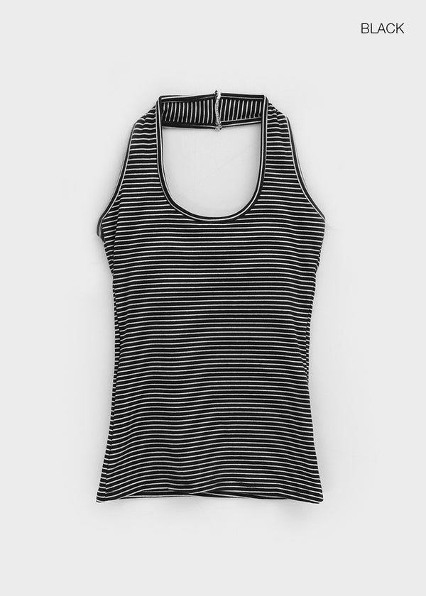 Cottle Peach Fleece Striped Halter Sleeveless (built-in Cap)