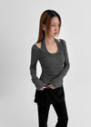Meow Peach Fleece Shirring V-neck Long Sleeve T-shirt