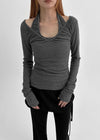 Meow Peach Fleece Shirring V-neck Long Sleeve T-shirt