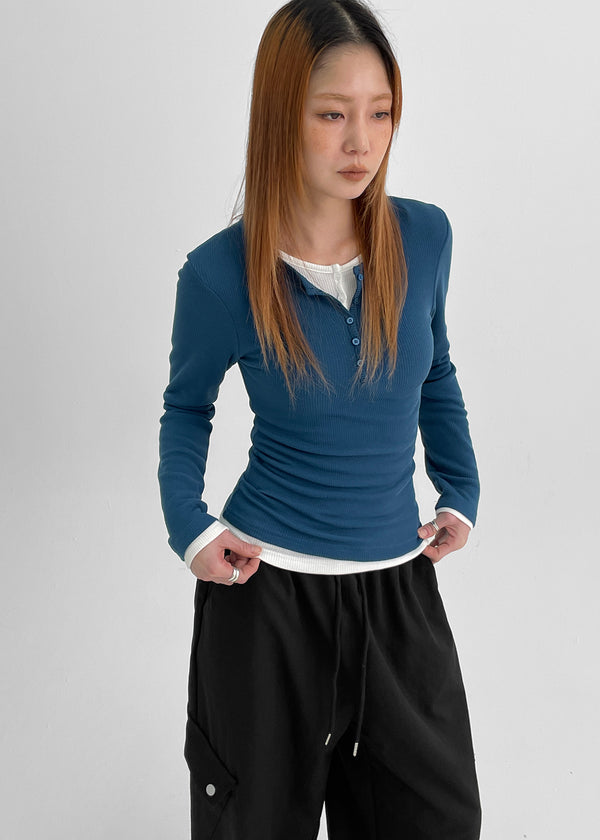 Penic Henley Neck Fleece Ribbed Long Sleeve Tee
