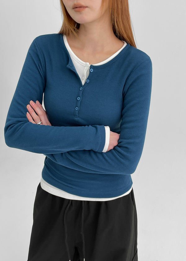 Penic Henley Neck Fleece Ribbed Long Sleeve Tee