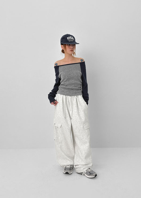 Luaping Color Block Boat Neck Long Sleeve T-shirt