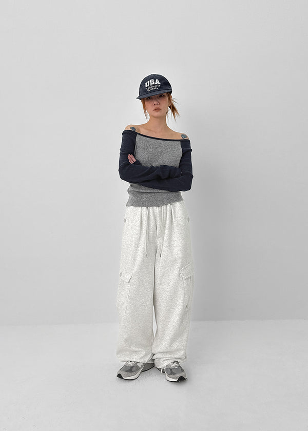 Luaping Color Block Boat Neck Long Sleeve T-shirt