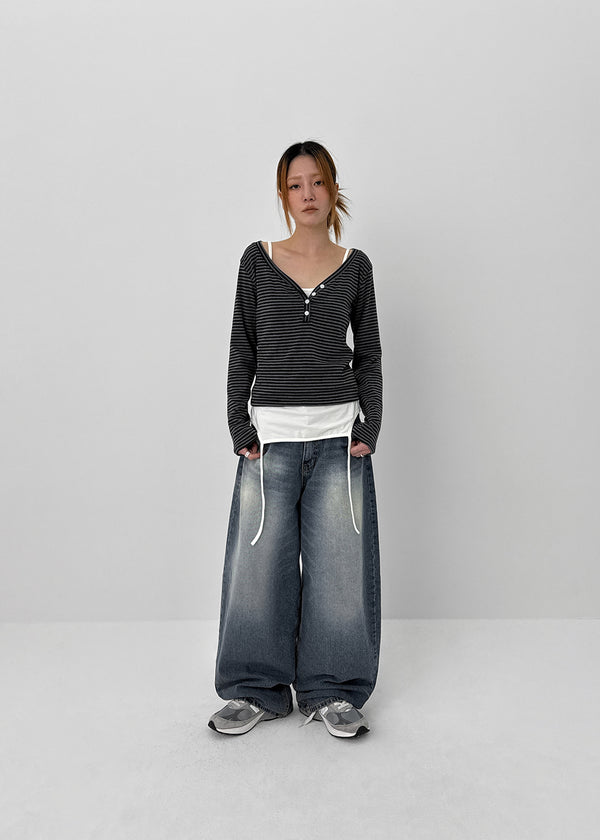 Latodi Striped Button V-neck Long Sleeve T-shirt