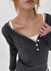 Latodi Striped Button V-neck Long Sleeve T-shirt