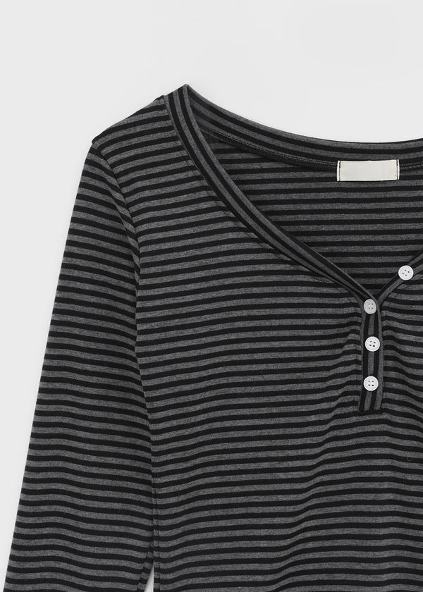 Latodi Striped Button V-neck Long Sleeve T-shirt