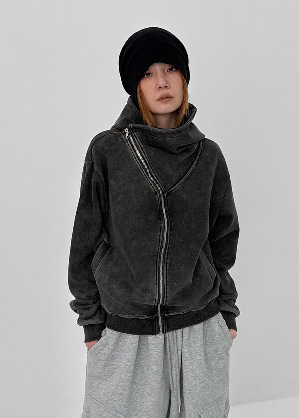 Dinte Diagonal High-neck Washed Hooded Zip-up