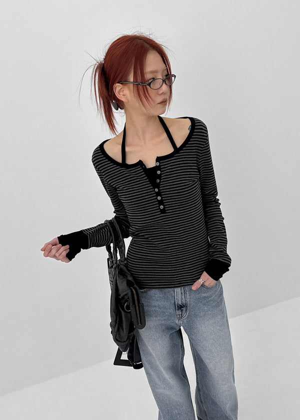 [MADE] Hiko Layered Stripe Halter Henley Neck Long Sleeve T-shirt